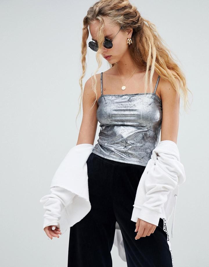 Dr Denim Strappy Crop Top In Metallic Silver - Silver