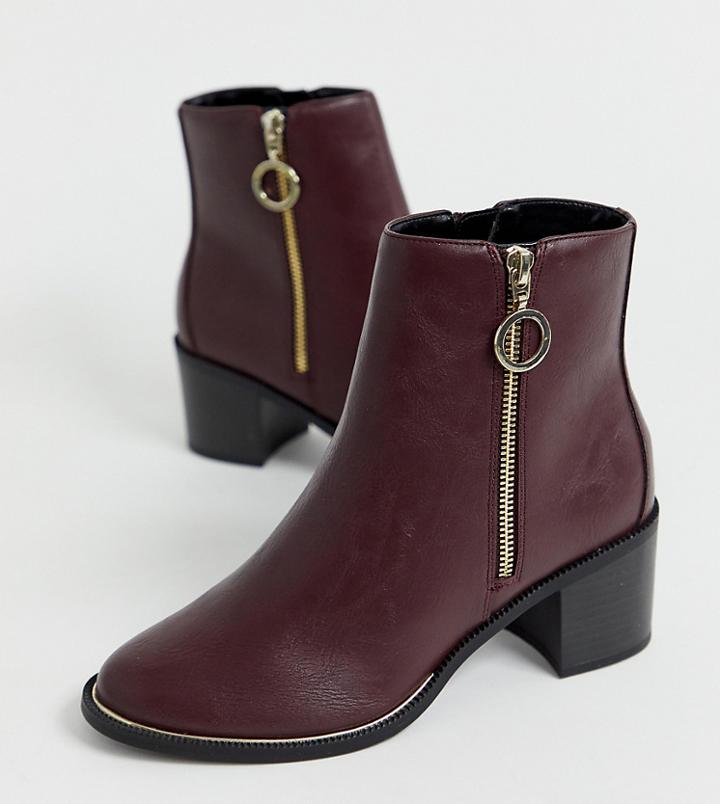 New Look Wide Fit Zip Block Heel Boot In Dark Red