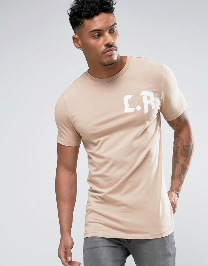 Asos Longline Muscle T-shirt With La Print - Tan