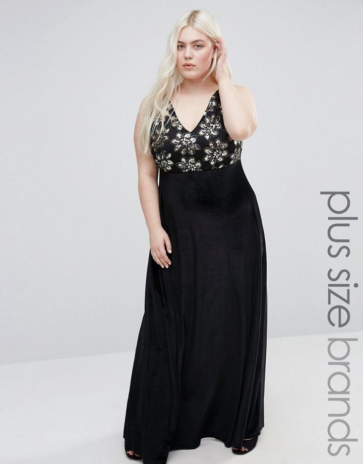 Club L Floral Plus Velvet Maxi Dress With Sequin Top - Black