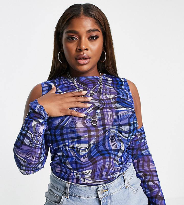Asos Design Curve Mesh Top With Cut Out Shoulder In Wavy Check-multi