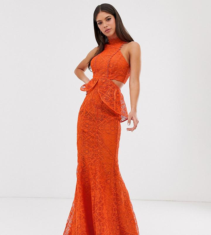 Asos Design Tall High Neck Lace Maxi Dress With Cut Outs And Fishtail Hem - Red