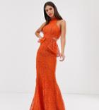 Asos Design Tall High Neck Lace Maxi Dress With Cut Outs And Fishtail Hem - Red