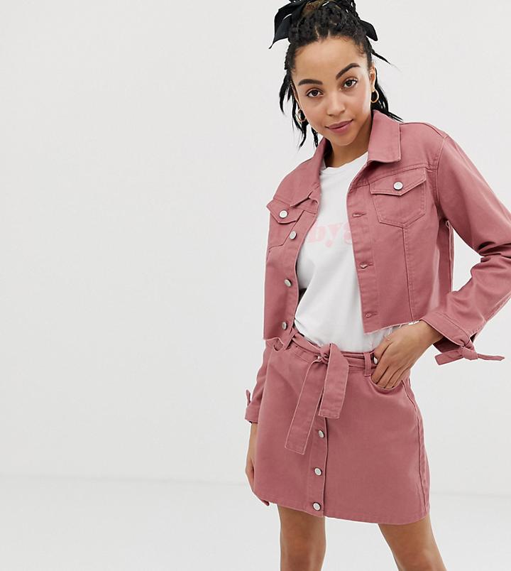 Urban Bliss Cropped Denim Jacket With Tie Cuff Detail-brown