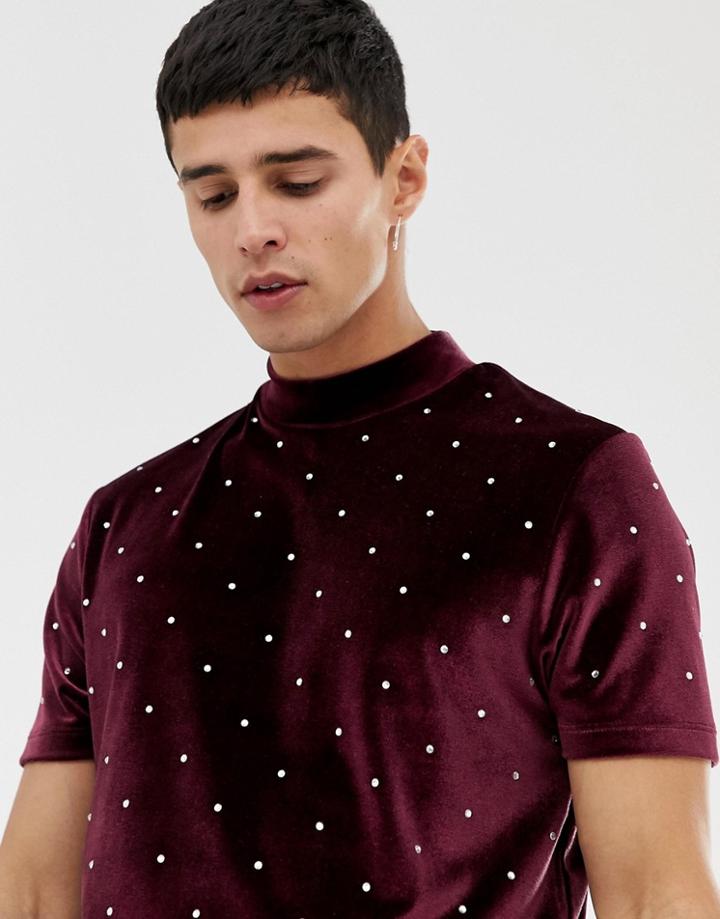 Asos Design Longline T-shirt With Turtleneck In Velour With All Over Embellished Gems - Red