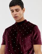 Asos Design Longline T-shirt With Turtleneck In Velour With All Over Embellished Gems - Red