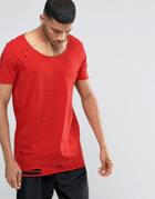 Asos Super Longline T-shirt With Extreme Distress In Red - Chinese Red