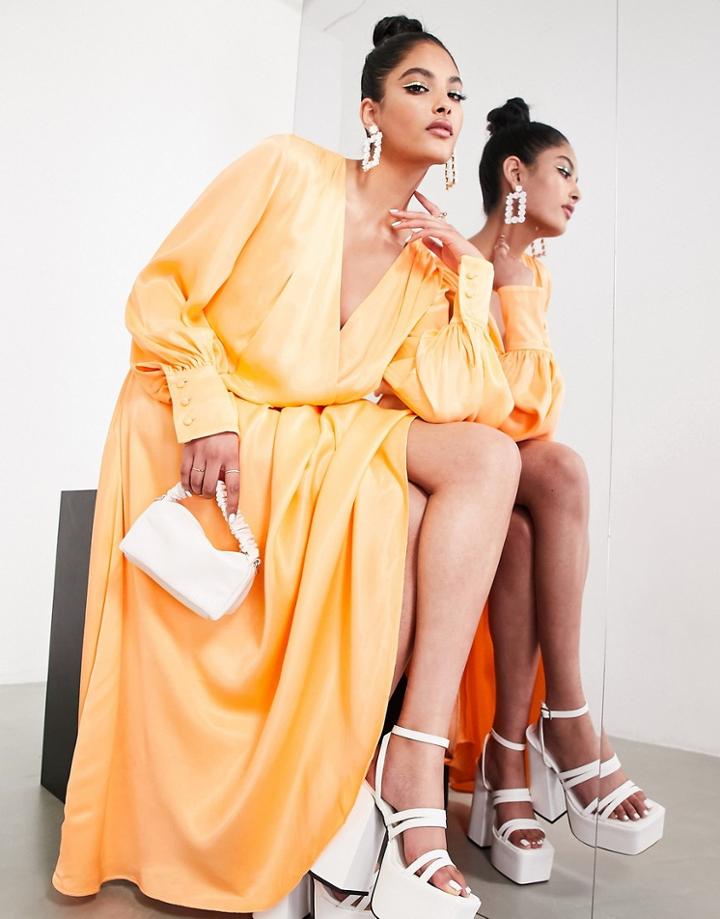 Asos Edition Satin Wrap Front Maxi Dress In Marigold-orange