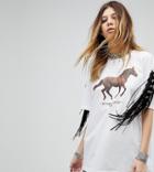 Milk It Vintage Fringe T-shirt With Horse Print - White