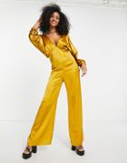 Asos Design Satin Plunge Kimono Sleeve Jumpsuit In Ochre-gold