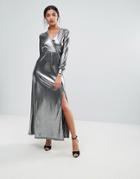Club L Plunge Neck Wrap Front Glitter Maxi Dress - Navy