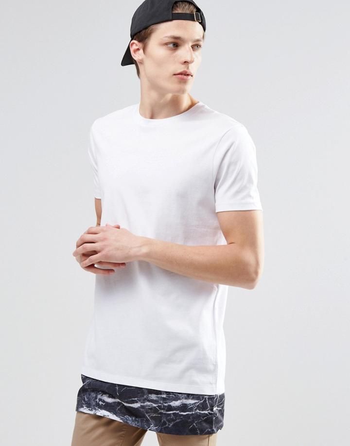 Asos Super Longline T-shirt With Marble Print Hem Extender - White
