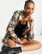 Asos Design Long Sleeve Boyfriend Shirt In Tan And Black Check Print-multi