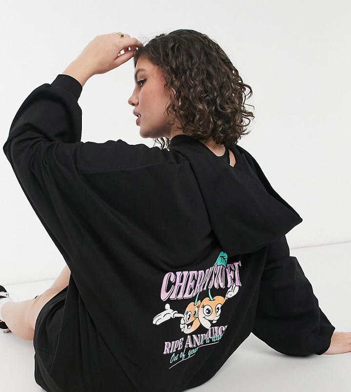 Asos Design Curve Mini Sweatshirt Hoodie Dress In Black With Cherry Sweet Logo