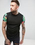 Asos T-shirt In Linen Look With Contrast Floral Sleeves - Black