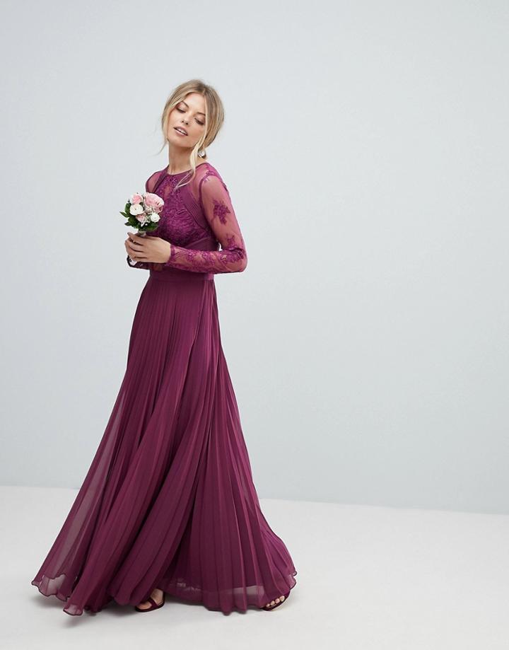 Asos Wedding Maxi Dress With Lace Sleeves And Eyelash Lace - Purple
