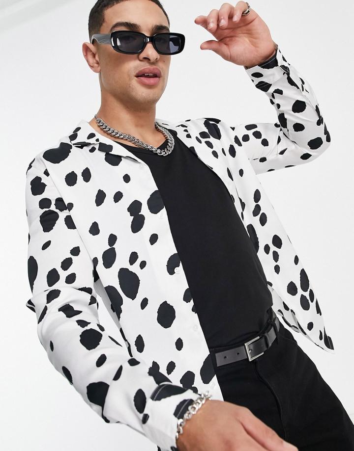 Asos Design Revere Satin Shirt In Mono Animal Print-white