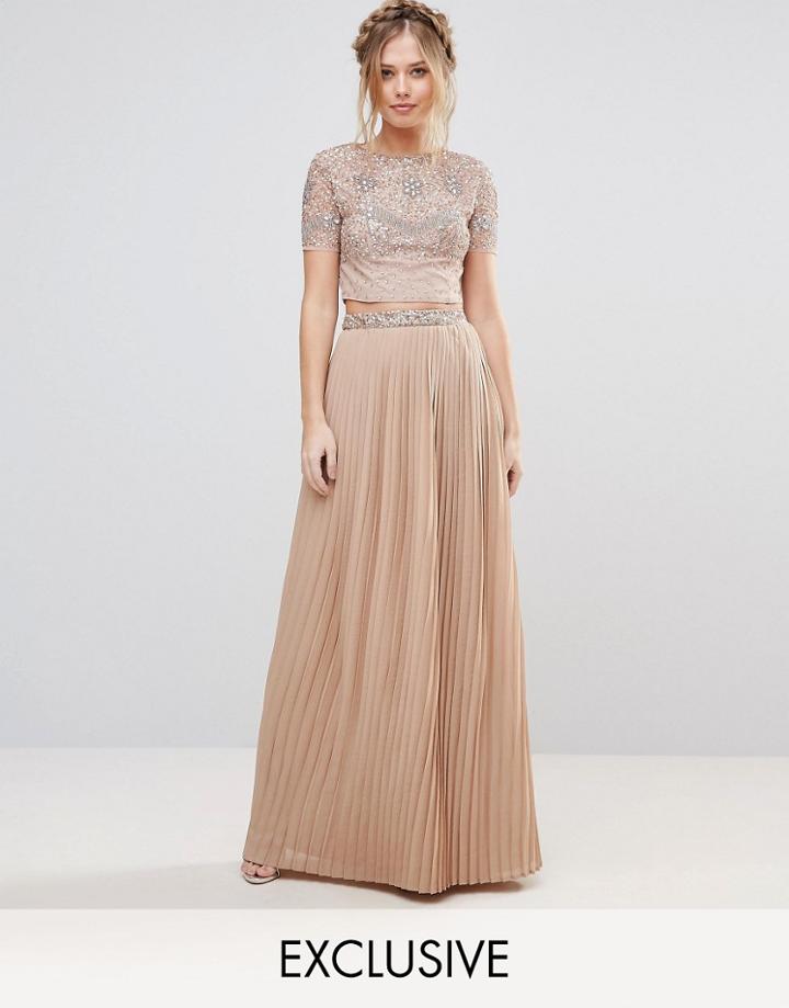 Maya Pleated Maxi Skirt With Embellished Waistband - Brown