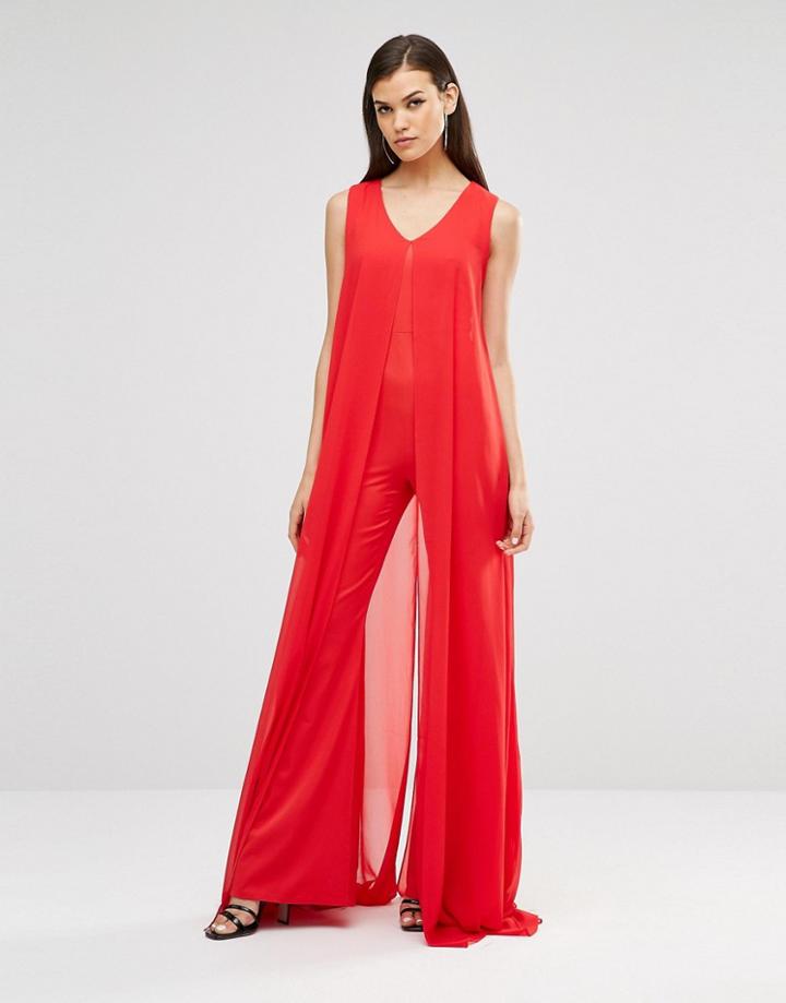 Lavish Alice Sheer Chiffon Overlay V-neck Flaleg Jumpsuit - Red