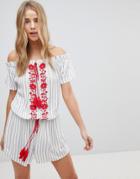 New Look Stripe Embroidered Beach Romper - White