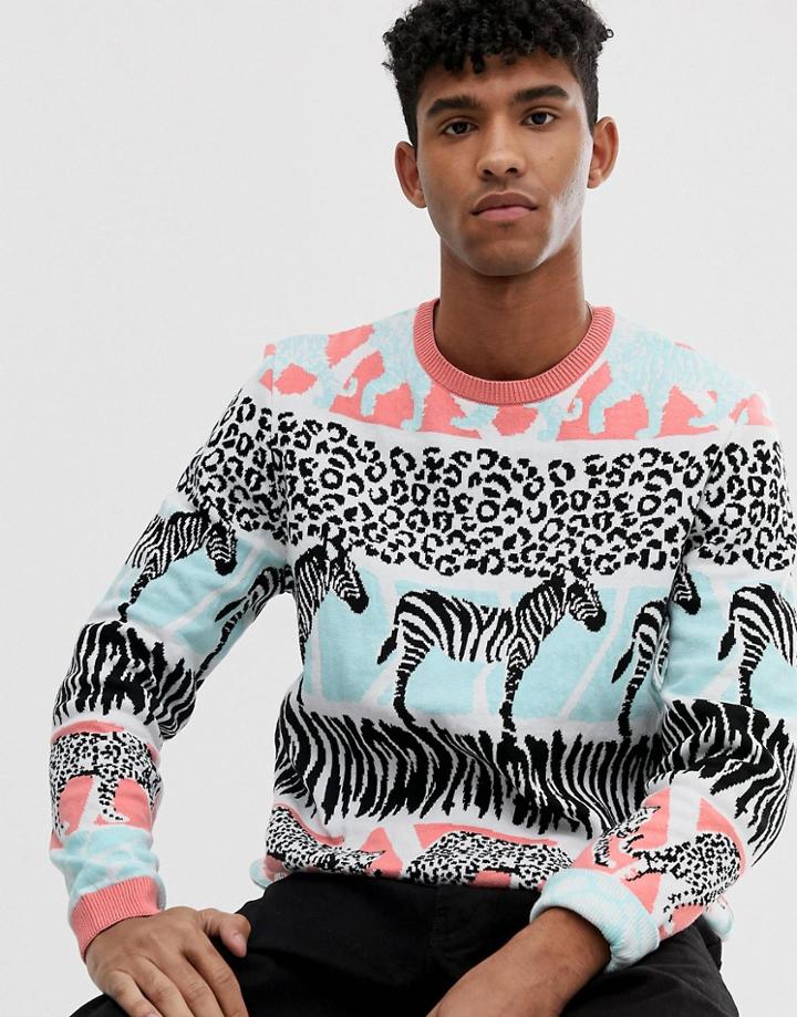 Asos Design Knitted T-shirt With Mixed Animal Design - Multi