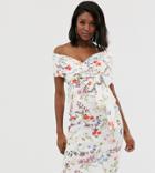 Asos Design Maternity Fallen Shoulder Midi Pencil Dress With Tie Detail In Botanical Floral-multi