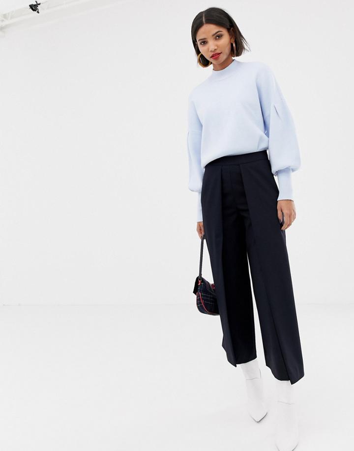 Mango Pleat Front Wide Leg Cropped Pants In Navy - Navy