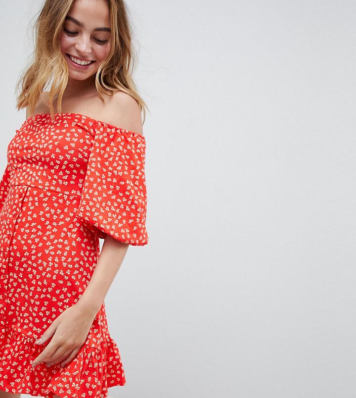 Asos Design Petite Off Shoulder Mini Sundress With Bubble Sleeve In Ditsy Print - Multi