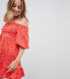Asos Design Petite Off Shoulder Mini Sundress With Bubble Sleeve In Ditsy Print - Multi