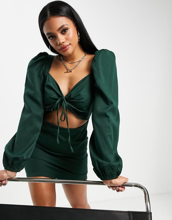 I Saw It First Button Volume Sleeve Cut Out Mini Body-conscious Dress In Emerald Green