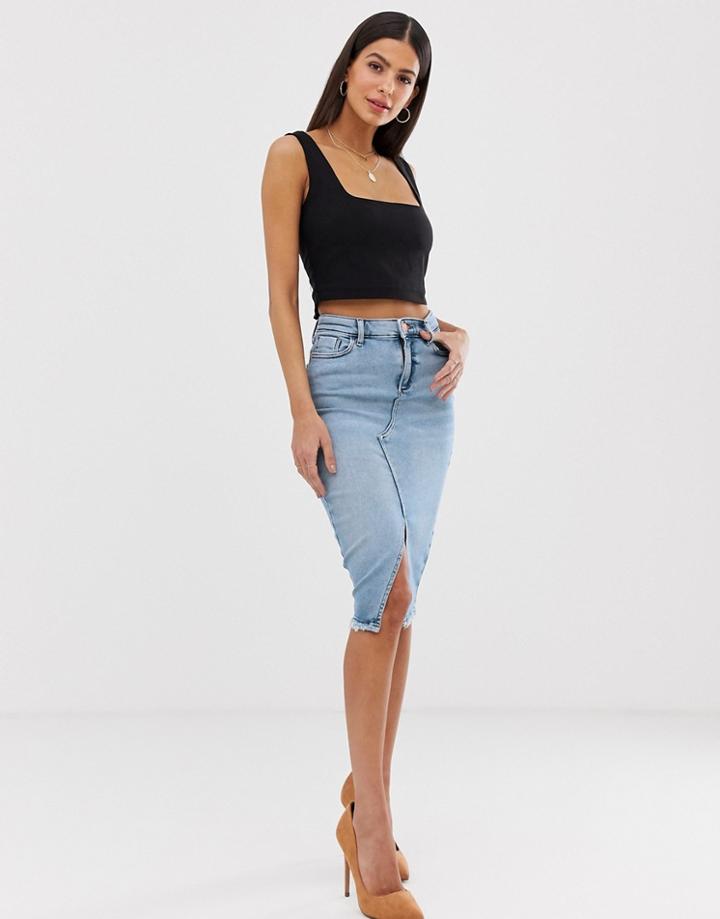 River Island Denim Midi Skirt In Mid Wash - Blue
