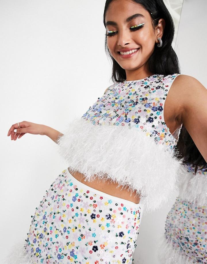 Asos Edition Ditsy Floral Sequin Crop Top With Feather Hem-white