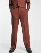 Asos Design Wide Leg Suit Pants In Rust Microtexture-auburn