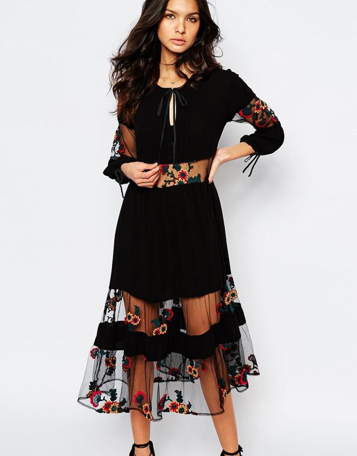 For Love And Lemons Eva Midi Dress With Floral Embroidery - Black