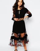 For Love And Lemons Eva Midi Dress With Floral Embroidery - Black