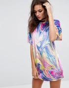 Jaded London Festival Oversized T-shirt Dress In Marbled Rainbow Print - Multi
