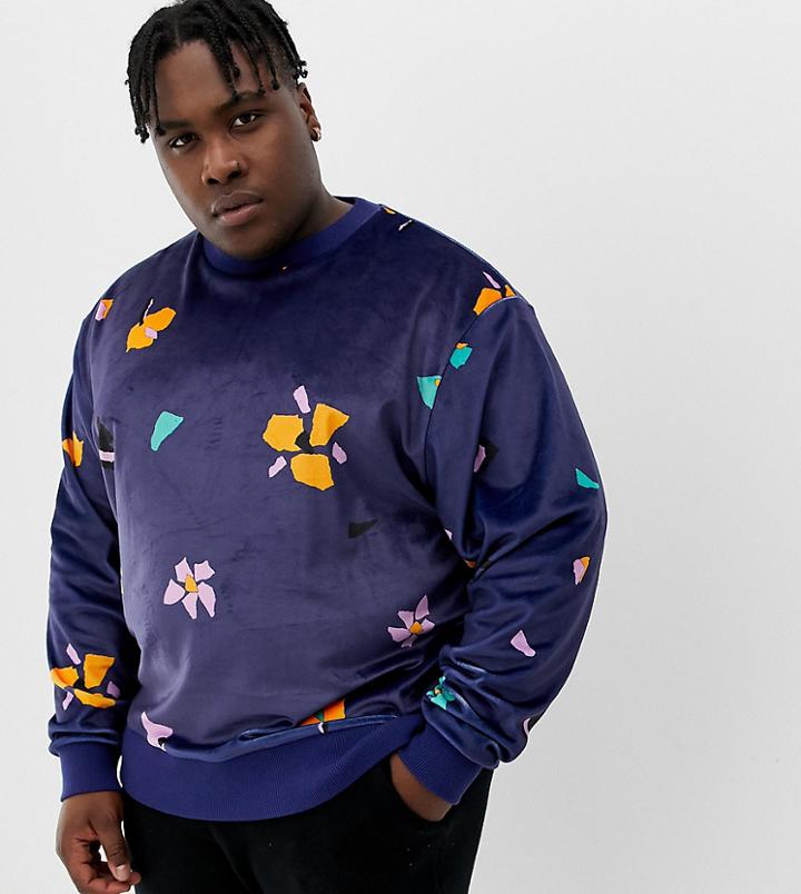 Collusion Plus Velour Printed Floral Sweatshirt In Navy - Navy