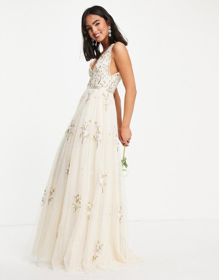 Needle & Thread Bridal Petunia Maxi Dress With Floral Embroidery In Ivory-white