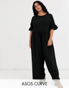 Asos Design Curve Smock Jumpsuit With Frill Sleeve-black