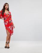 Asos V Neck Midi Dress With Elastic Waist Detail In Red Floral - Multi