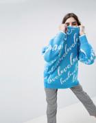 Asos Design Oversized Sweater With Love Logo - Blue