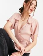 Asos Design Collared Wrap Blouse In Blush-pink