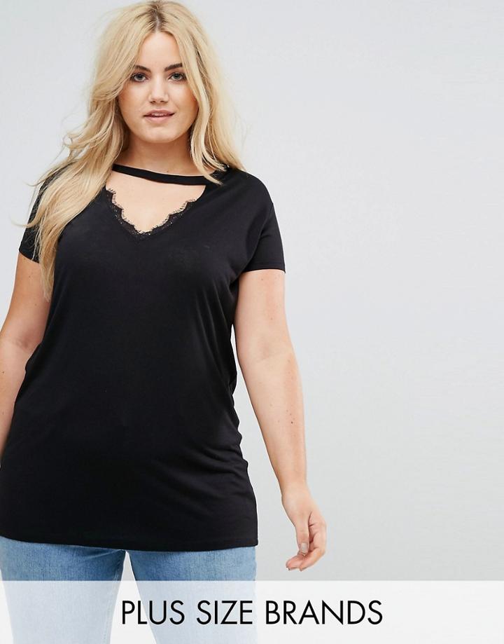 New Look Plus Lace Edge Choker T-shirt - Black