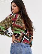 Outrageous Fortune Plunge Front Blouse In Scarf Print-multi