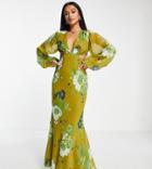 Asos Design Petite Bias Cut Maxi Dress With Blouson Sleeve In Bold Blurred Floral-multi