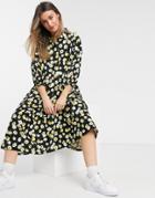 Asos Design Midi Shirt Tiered Smock Dress With Puff Sleeves In Black And Yellow Floral