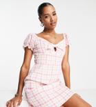 Collective The Label Petite Tie Front Puff Sleeve Mini Dress In Lilac Check-purple