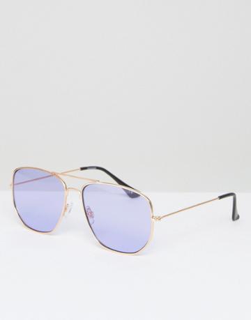 Asos Square Aviator Glasses In Lilac Colored Lens - Gold