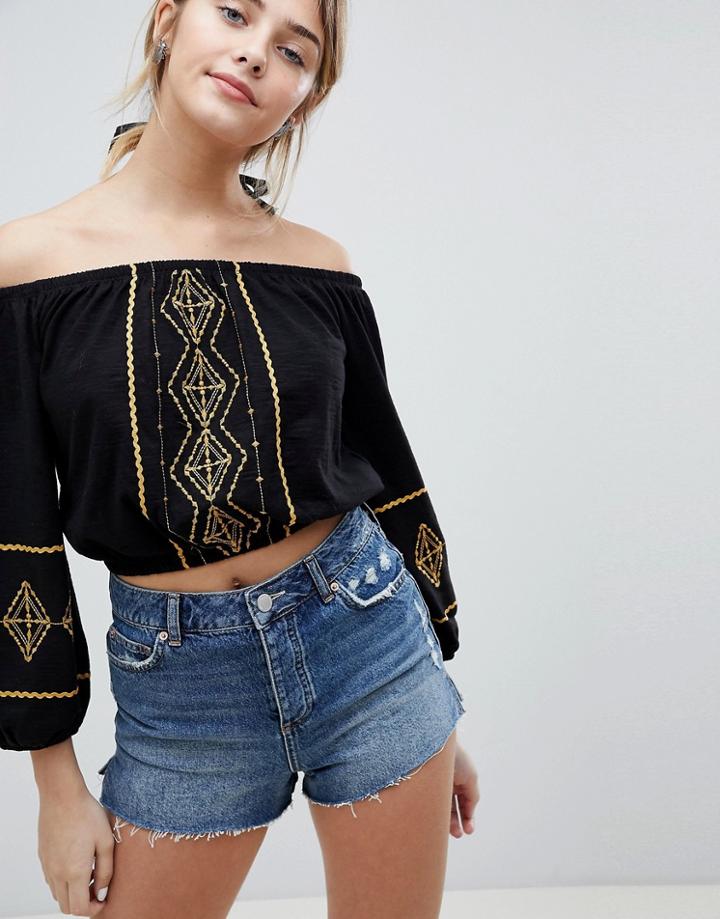 Miss Selfridge Embroidered Bardot Top - Blue