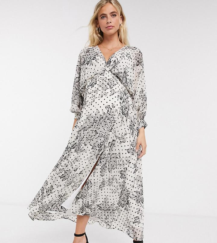 Asos Design Maternity Midi Dress In Spot And Floral Print-multi